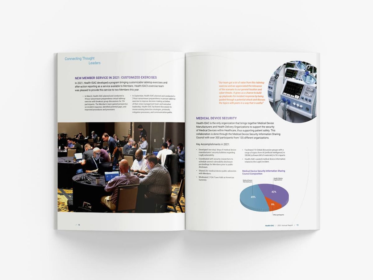 top down view of an open copy of the annual report showcasing NeigerDesign's integrated designs
